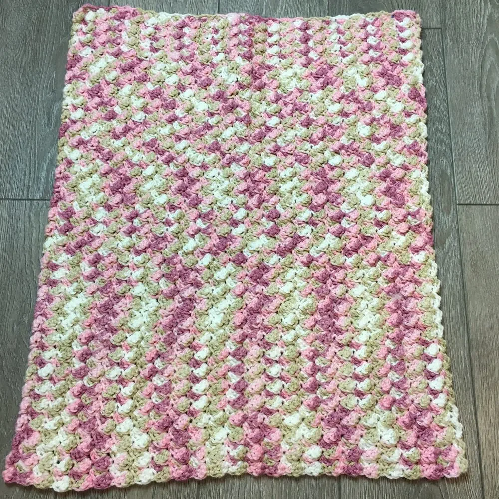 Vintage Crochet Baby Blanket Handmade Pink White Purple Crib Soft 27